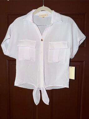 Free People White Tie-Front Crop Button-Up Top